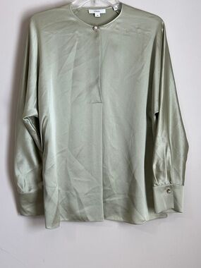 Vince 100% Silk Blouse Sage Green Womens Medium Long Sleeve